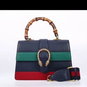 Elegant Gucci Dionysus in Navy Blue, Green and Red Handbag with Bamboo TopHandle